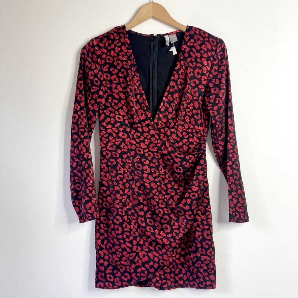 Leopard Bodycon Mini Dress Womens 4 Red Plunge Date Night Office Siren‎ Mob Wife